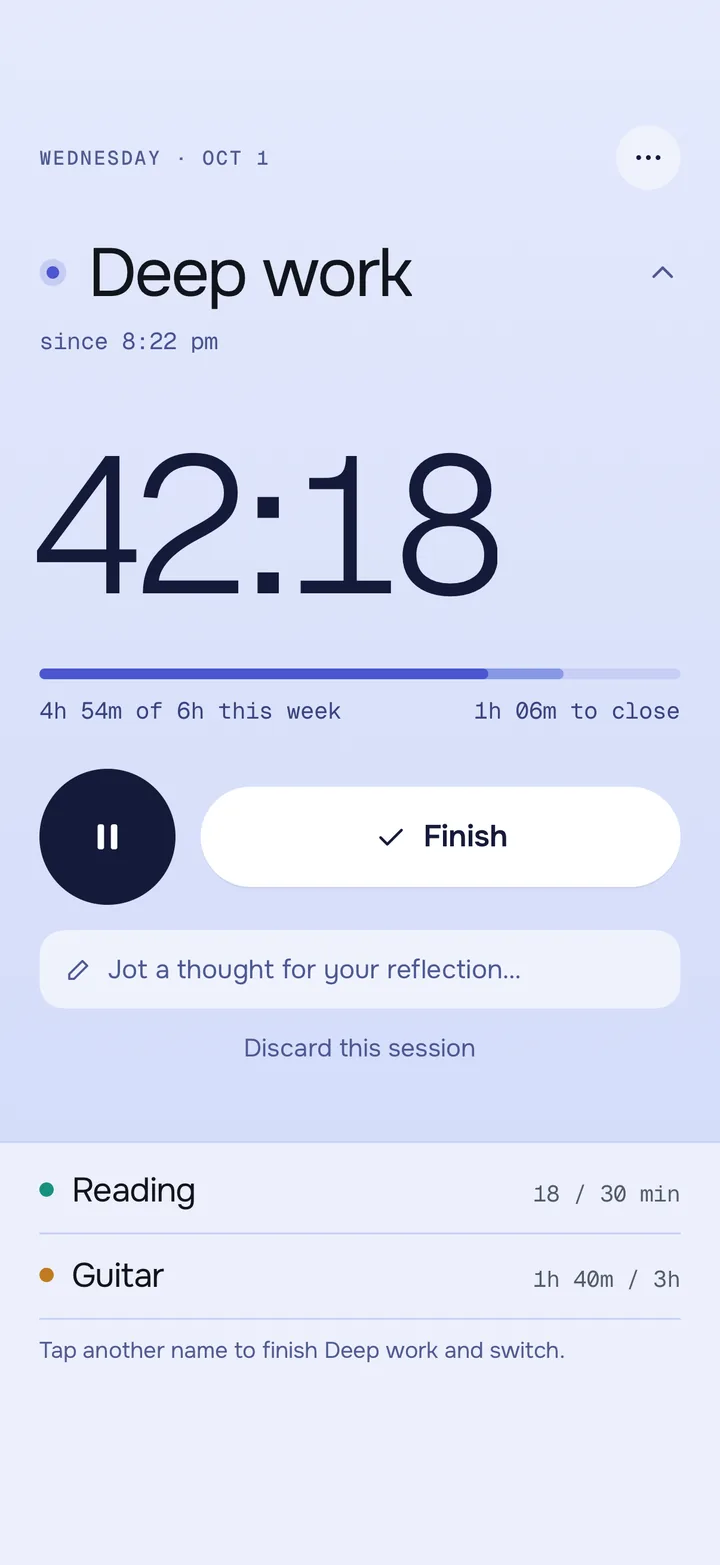 Burrow's Home screen with a Deep work timer running at 42 minutes 18 seconds, 4 hours 54 minutes of a 6-hour weekly goal done.