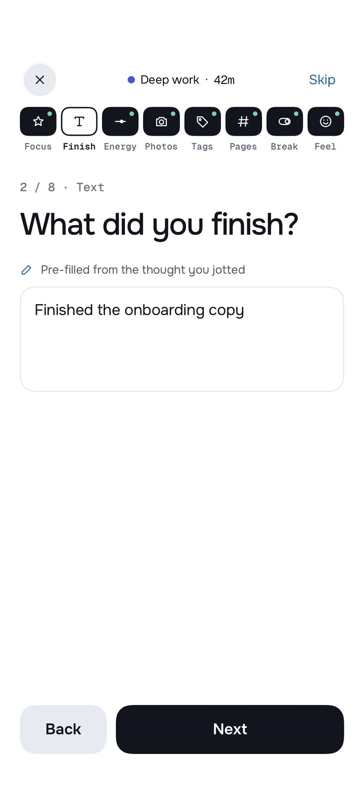 A reflection question in Burrow: What did you finish? The answer, Finished the onboarding copy, was pre-filled from a thought jotted during the session.