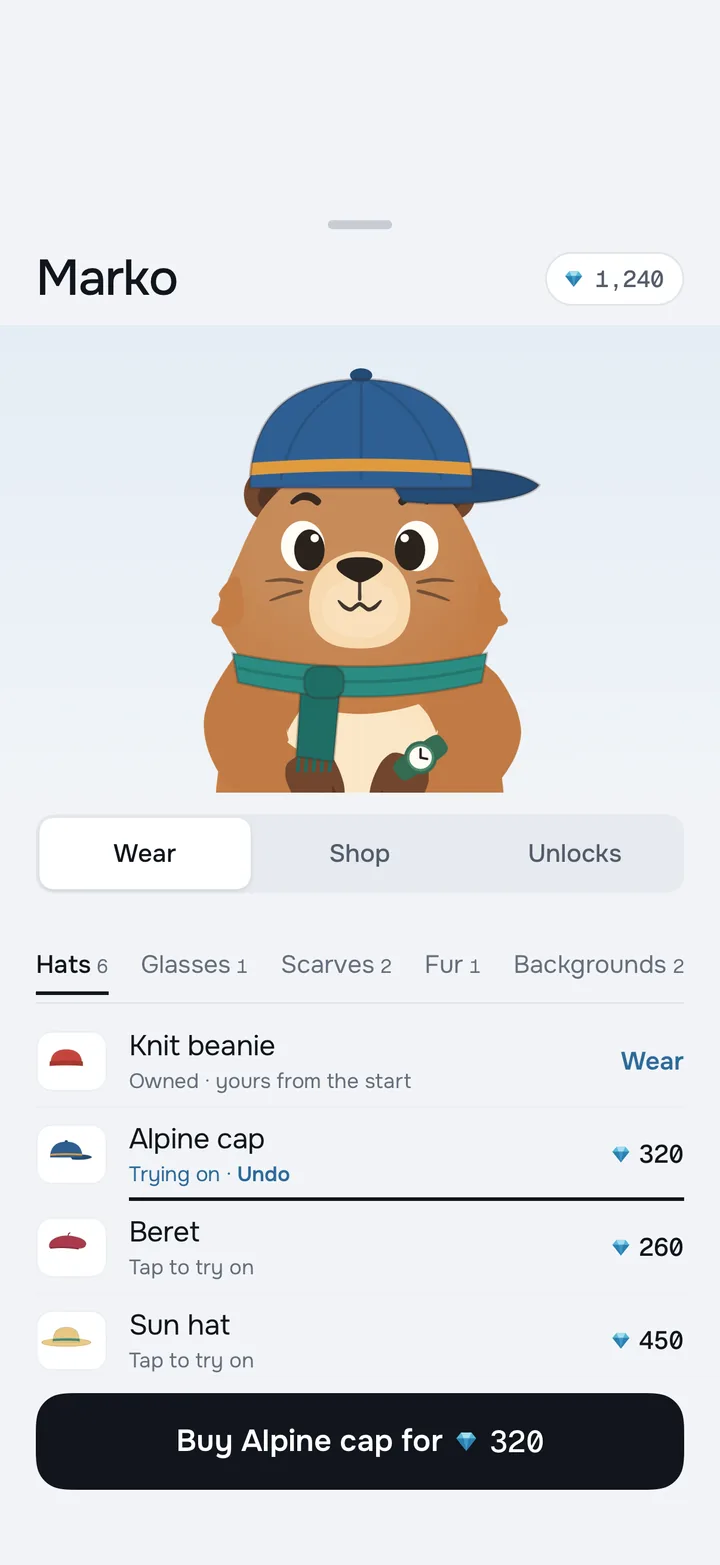 Marko's wardrobe: Marko trying on an alpine cap for 320 gems, with a knit beanie, beret and sun hat in the list.