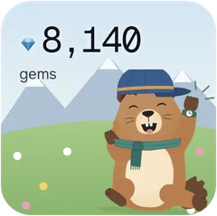 Small widget: 8,140 gems, with Marko in a meadow.